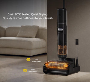 The Dreame H15 Pro wet and dry vacuum on its charging base, demonstrating the 5-minute, 90°C sealed quiet drying feature that quickly restores the brush's fluffiness in a modern living room setting.