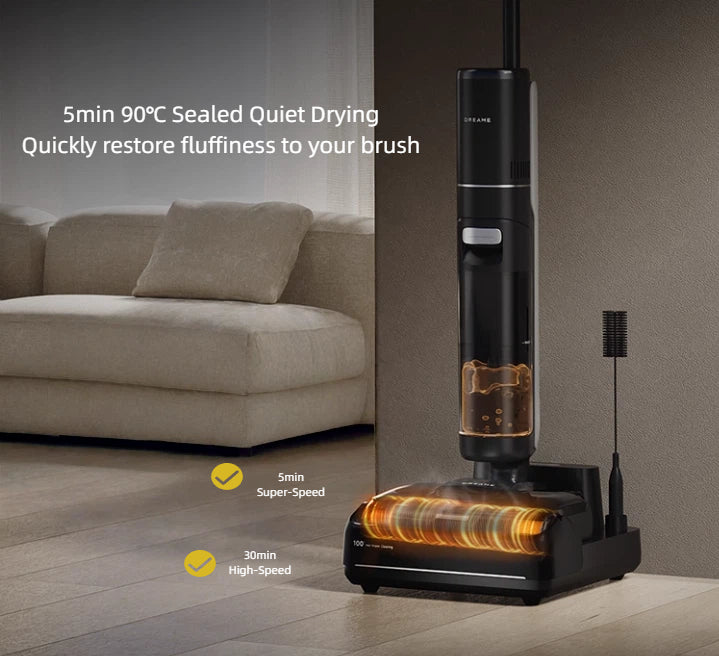  The Dreame H15 Pro wet and dry vacuum on its charging base, demonstrating the 5-minute, 90°C sealed quiet drying feature that quickly restores the brush's fluffiness in a modern living room setting.