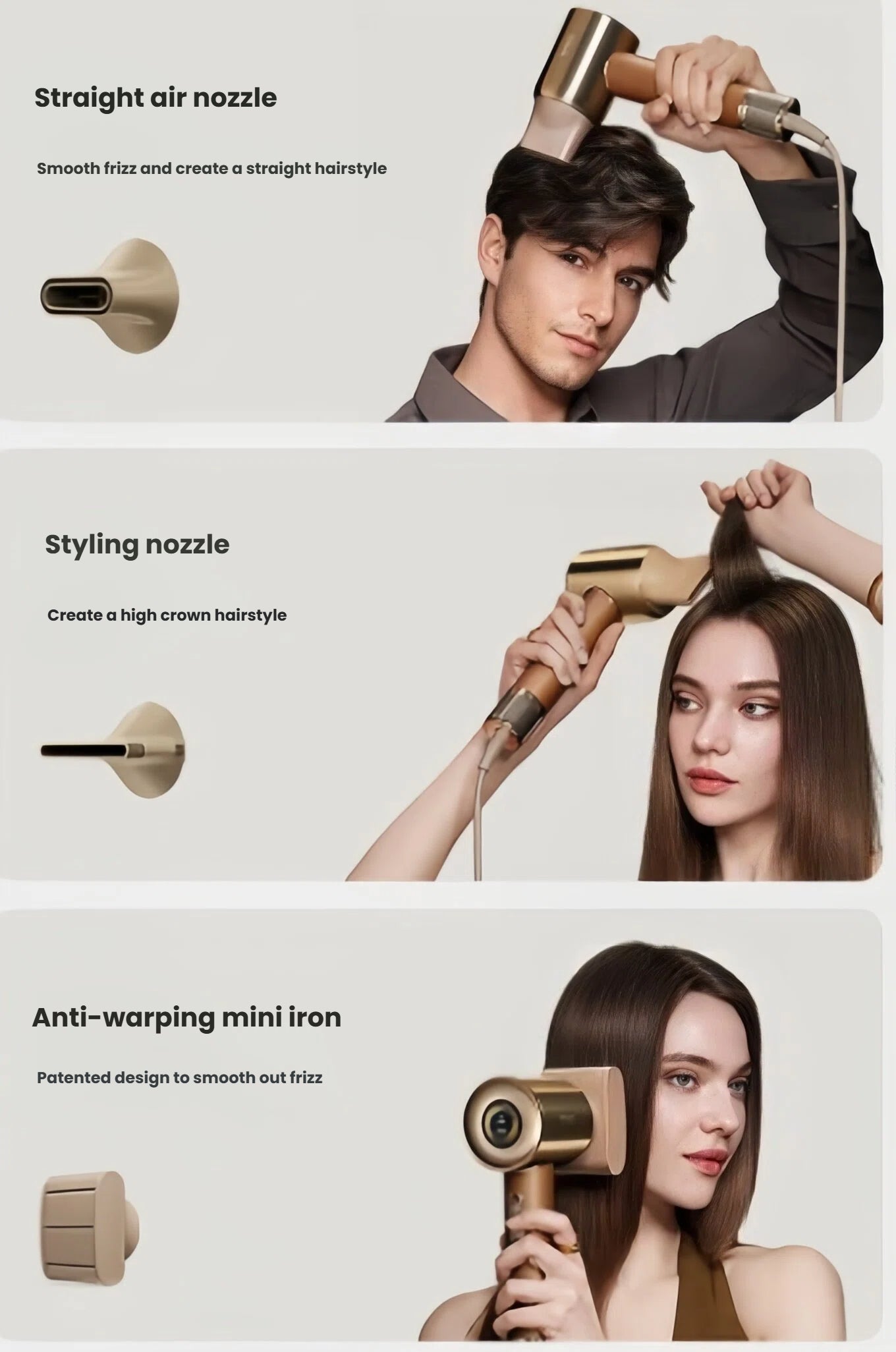 Models demonstrating the use of three different attachments for the Dreame hair dryer: a straight air nozzle for a smooth finish, a styling nozzle to create volume, and a patented anti-warping mini iron to smooth out frizz.