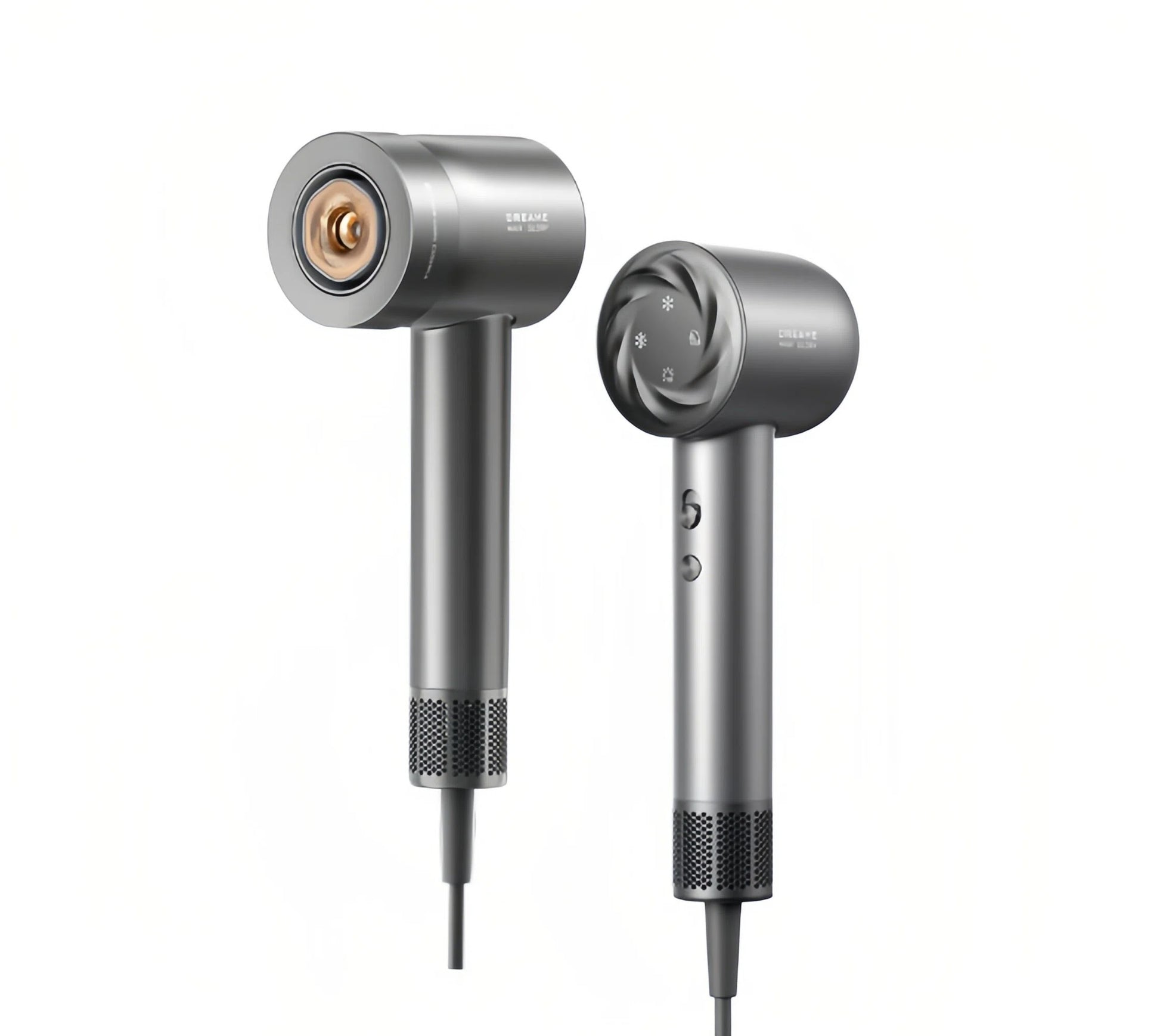 The Dreame Hair Glory Mix hair dryer in a modern space grey color. The image displays the front nozzle and the back panel with its intuitive mode selection icons for temperature and speed.