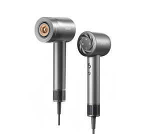 The Dreame Hair Glory Mix hair dryer in a modern space grey color. The image displays the front nozzle and the back panel with its intuitive mode selection icons for temperature and speed.