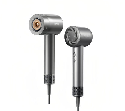 The Dreame Hair Glory Mix hair dryer in a modern space grey color. The image displays the front nozzle and the back panel with its intuitive mode selection icons for temperature and speed.