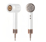 A front and back view of the Dreame Hair Glory Mix hair dryer in a clean white finish with elegant rose gold accents, showcasing its minimalist design and temperature control buttons.