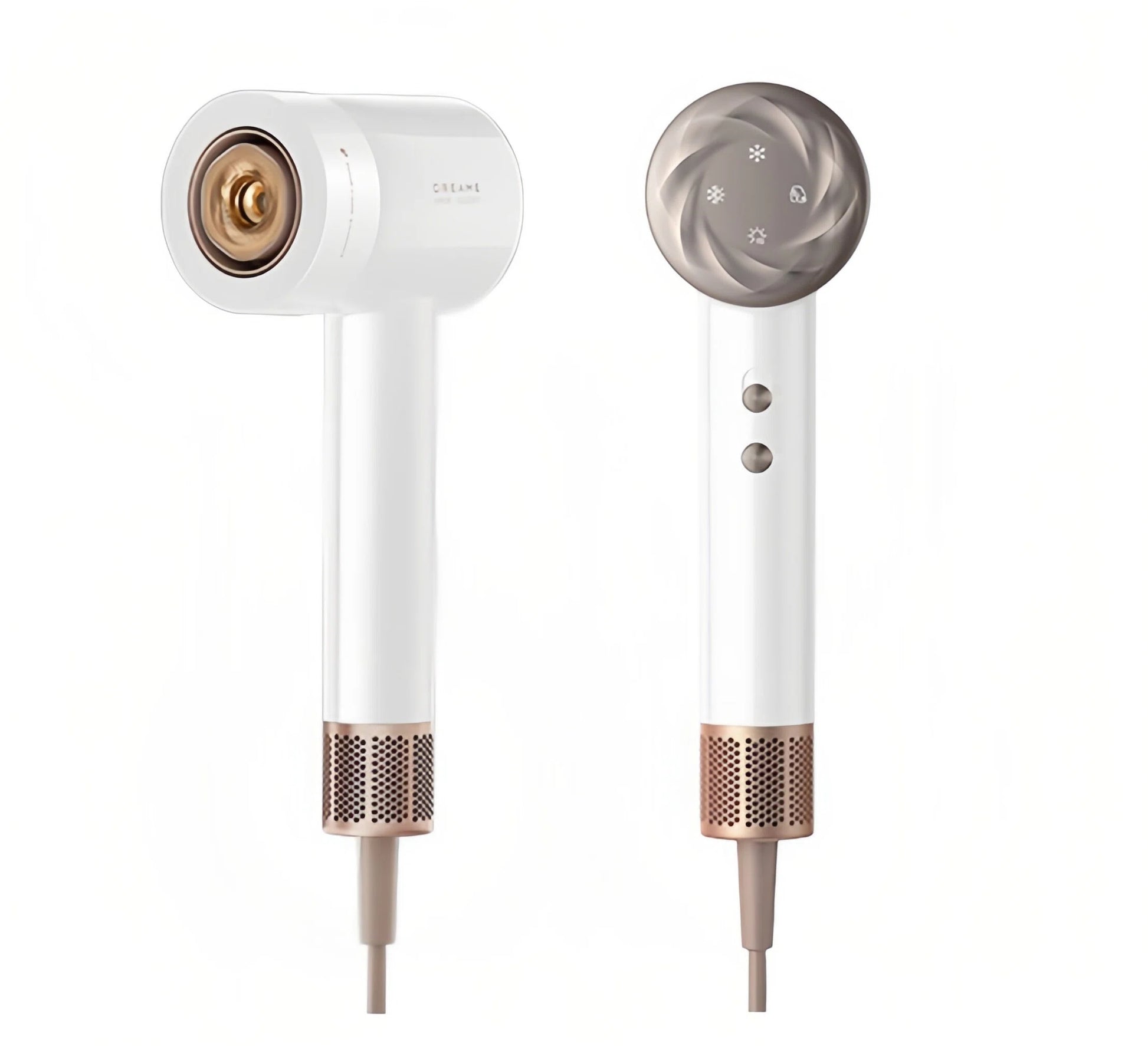 A front and back view of the Dreame Hair Glory Mix hair dryer in a clean white finish with elegant rose gold accents, showcasing its minimalist design and temperature control buttons.