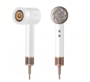 A front and back view of the Dreame Hair Glory Mix hair dryer in a clean white finish with elegant rose gold accents, showcasing its minimalist design and temperature control buttons.