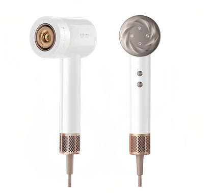 A front and back view of the Dreame Hair Glory Mix hair dryer in a clean white finish with elegant rose gold accents, showcasing its minimalist design and temperature control buttons.