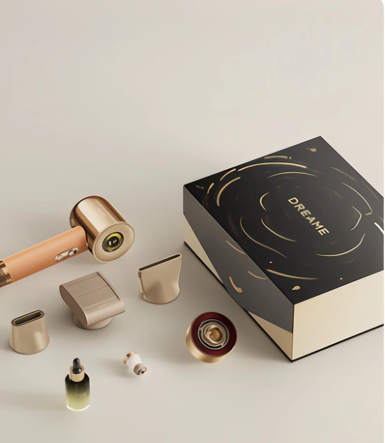 The complete Dreame Hair Miracle set, including the gold hair dryer, multiple magnetic styling nozzles, an anti-warping mini iron attachment, a hair essence bottle, and the elegant black and gold packaging.