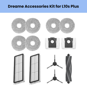 Dreame accessories kit for L10s Plus robot vacuum including 6 round grey microfiber mopping cloths, 1 black anti-tangle main brush, 2 side brushes, 2 HEPA filters, and 2 dust bin filters with black top for optimal cleaning performance
