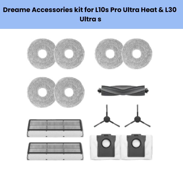 Dreame accessories kit for L10s Pro Ultra Heat and L30 Ultra S robot vacuum including 6 round grey microfiber mopping cloths, 1 black anti-tangle main brush, 2 side brushes, 2 HEPA filters, and 2 dust bin filters for optimal cleaning performance.