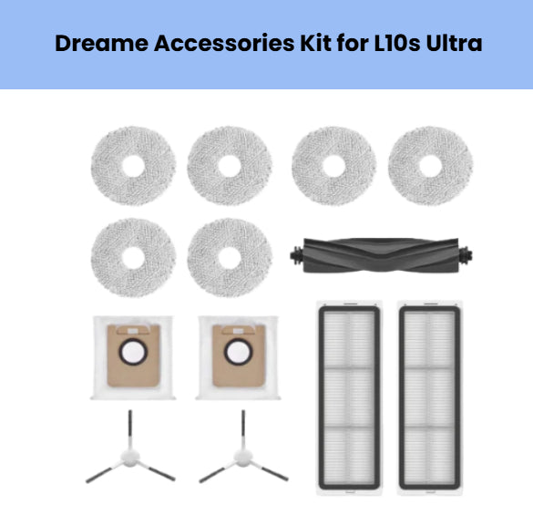 Dreame accessories kit for L10s Ultra robot vacuum featuring 6 round grey microfiber mopping cloths, 1 black anti-tangle main brush, 2 side brushes, 2 HEPA filters, and 2 brown dust bin filters for superior suction and air quality.
