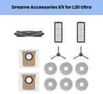 Dreame L20 Ultra accessory kit including 1 black anti-tangle main brush, 2 side brushes, 2 HEPA filters, 2 dust bin filters, and 6 round grey microfiber mopping cloths for optimal cleaning performance and maintenance.