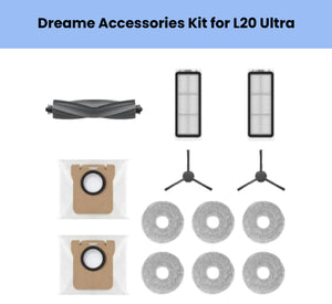 Dreame L20 Ultra accessory kit including 1 black anti-tangle main brush, 2 side brushes, 2 HEPA filters, 2 dust bin filters, and 6 round grey microfiber mopping cloths for optimal cleaning performance and maintenance.