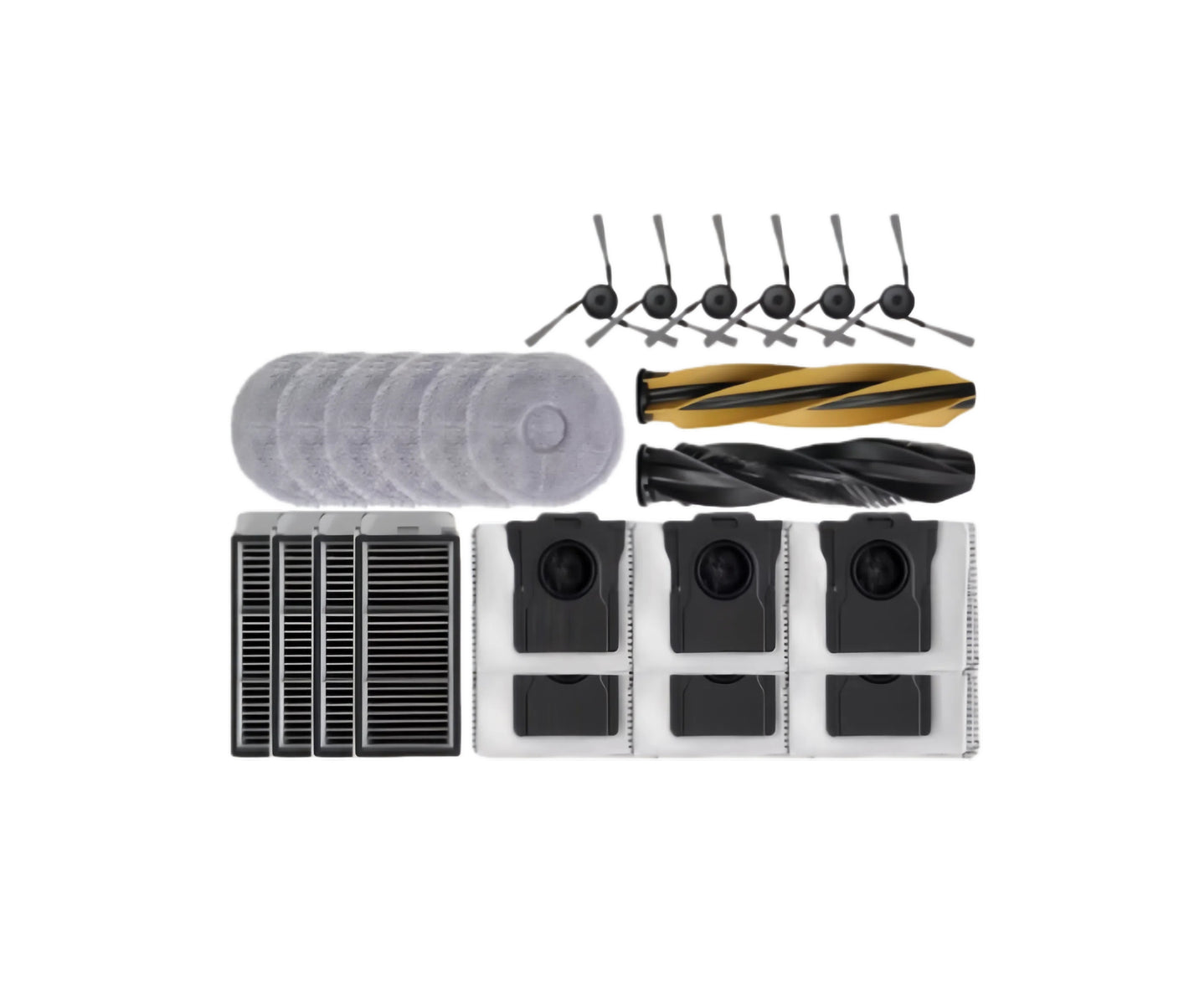 Complete replacement parts kit for a cleaning device including brushes, filters, and cloths on a white background.