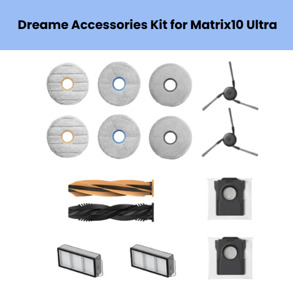 Dreame Matrix10 Ultra accessory kit including 2 main brushes (1 orange, 1 black), 2 side brushes, 2 HEPA filters, 2 dust bin filters, and 6 round grey microfiber mopping cloths with colored centers for optimal cleaning performance.
