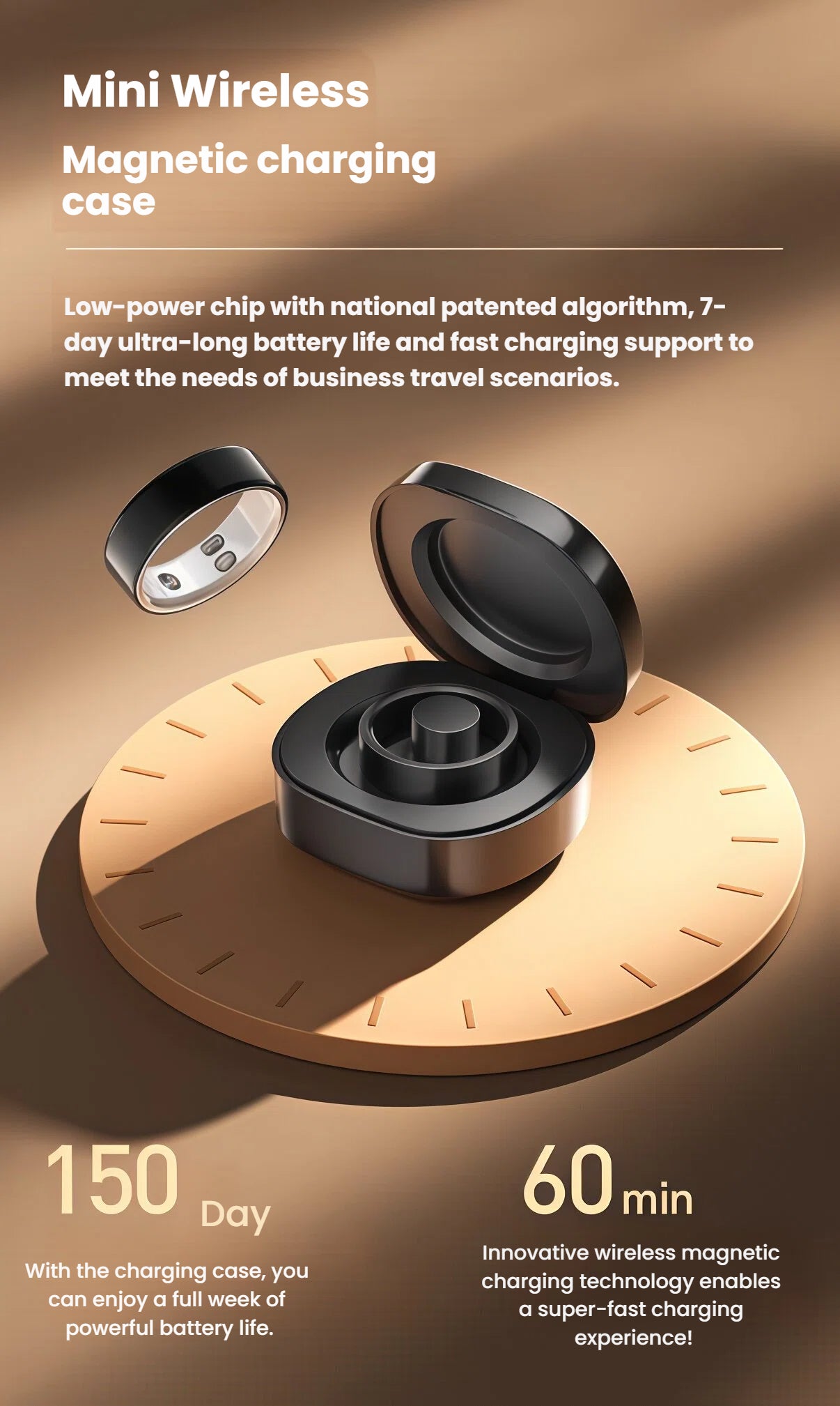 Black Dreame Ring hovering above its compact magnetic charging case on a wooden disc; text highlights 7-day ring battery plus 150-day reserve from the case.