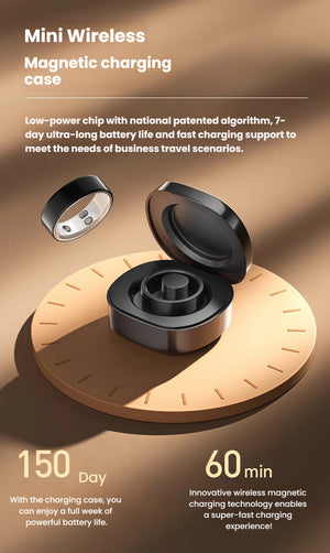 Black Dreame Ring hovering above its compact magnetic charging case on a wooden disc; text highlights 7-day ring battery plus 150-day reserve from the case.