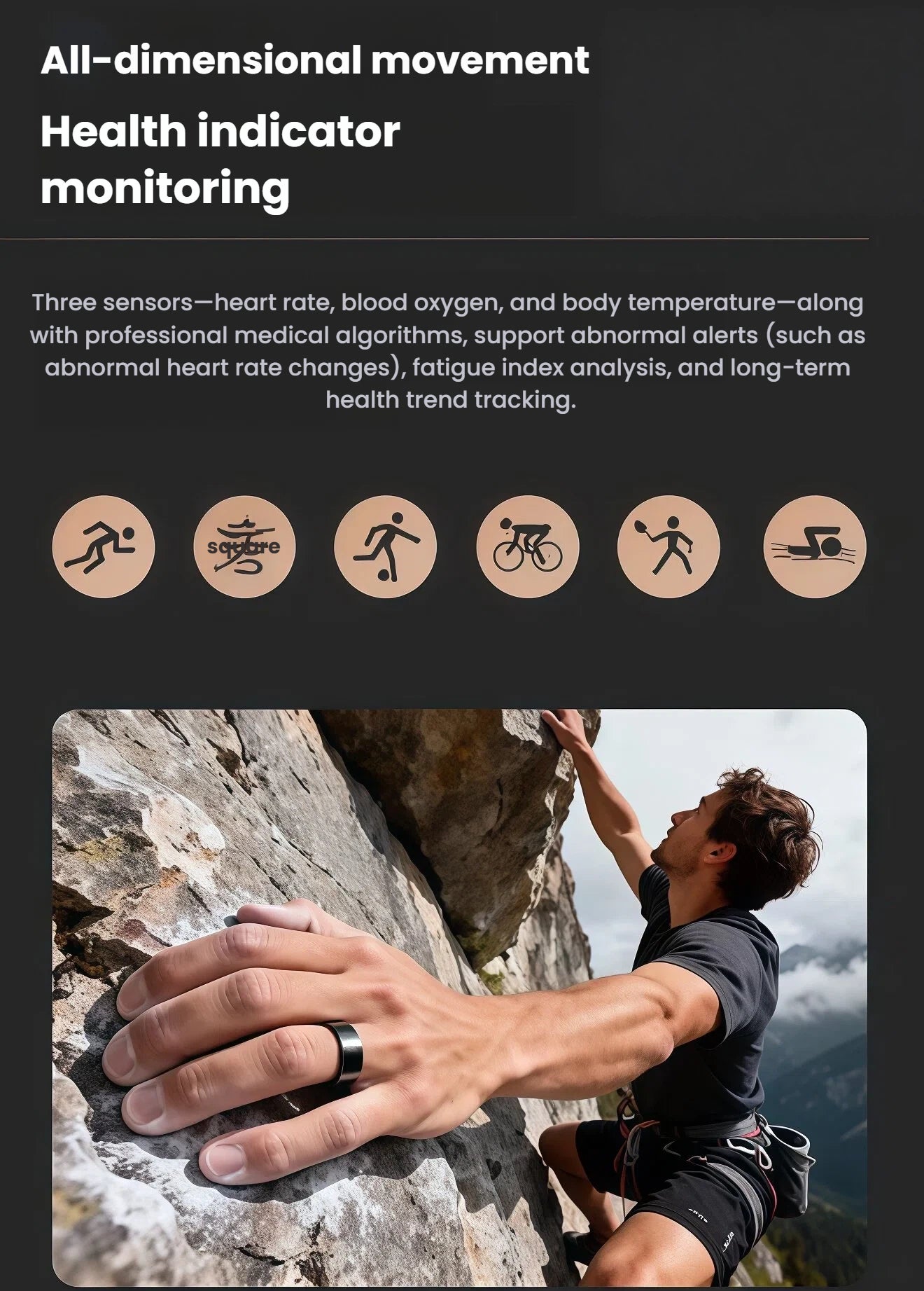 Rock climber scaling a cliff with the black Dreame Ring on his finger; overlaid icons show running, swimming, cycling and other sports modes supported by the ring’s three-axis motion sensors.