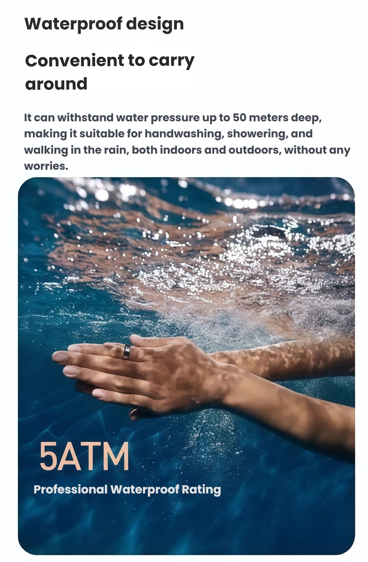 Hand gliding through crystal-clear water wearing the black Dreame Ring, emphasizing 50 m water resistance for worry-free aquatic activities.