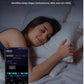 Woman sleeping peacefully wearing the black Dreame Ring; smartphone screen shows detailed sleep-stage graph, HRV, SpO₂ and body-movement data captured overnight.