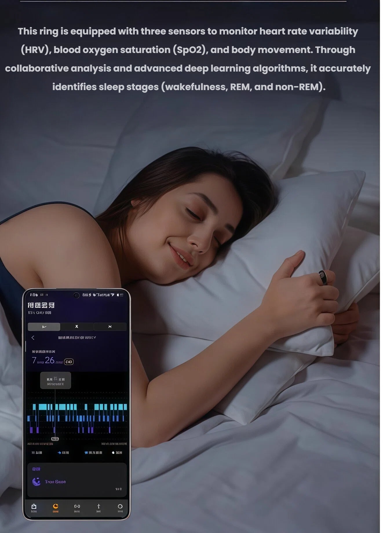 Woman sleeping peacefully wearing the black Dreame Ring; smartphone screen shows detailed sleep-stage graph, HRV, SpO₂ and body-movement data captured overnight.