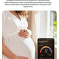 Pregnant woman in a white dress gently holding her belly while wearing the black Dreame Ring; smartphone displays personalized breathing plan and cycle insights via the Dreame app.