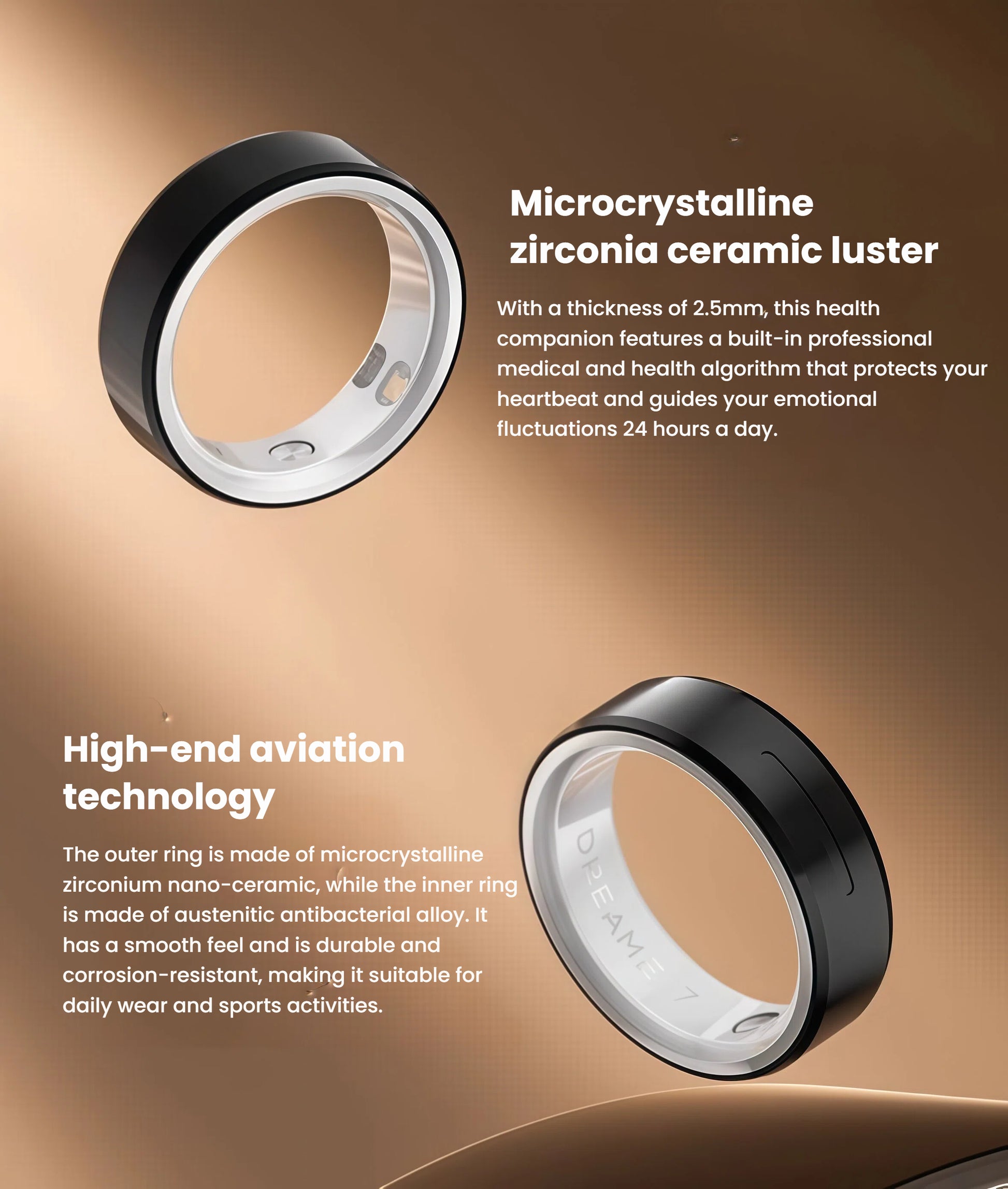 Two angled views of the black Dreame Ring against a warm beige background, highlighting the glossy ceramic outer shell and hypoallergenic inner alloy band engraved with “DREAME 7”.