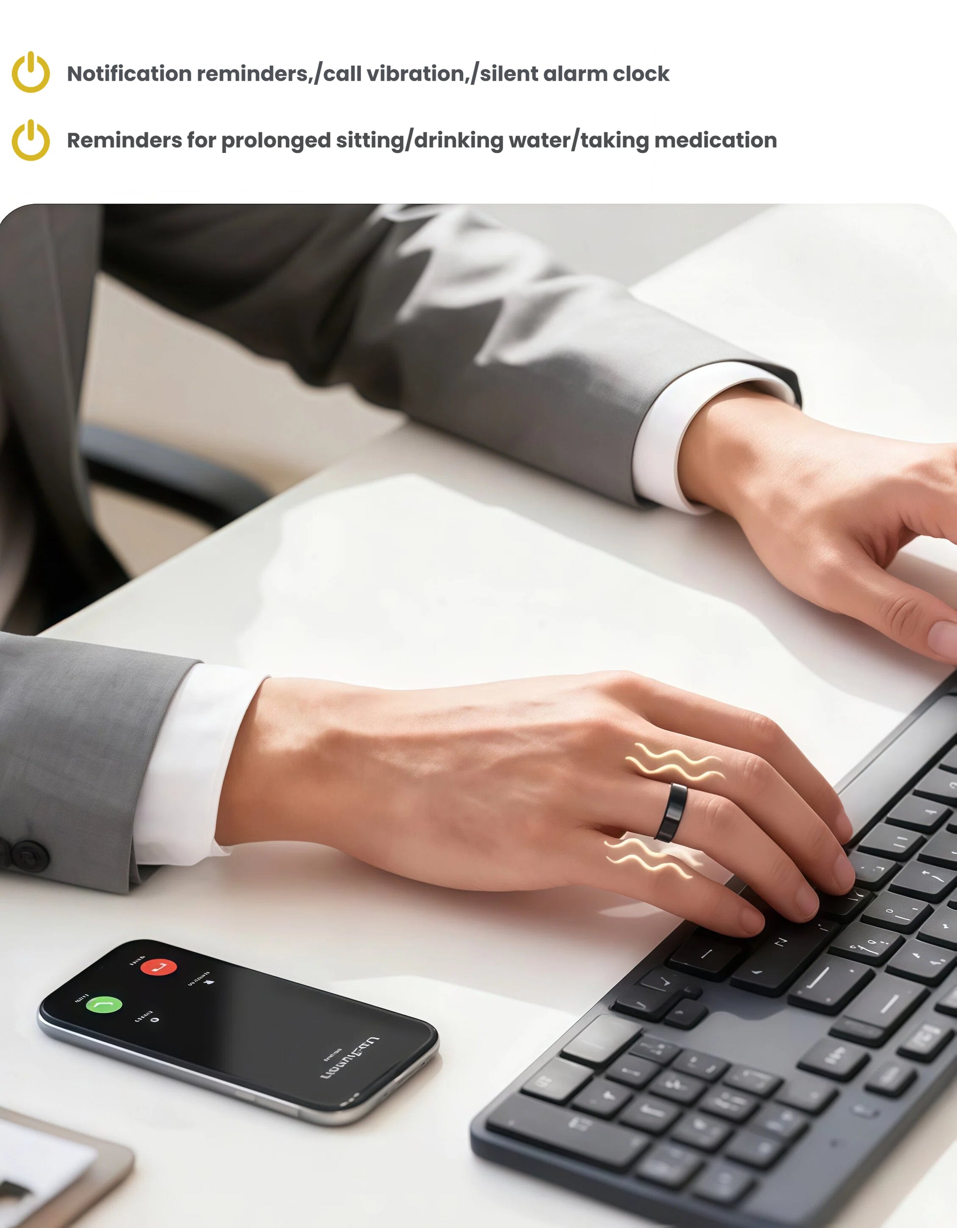 Close-up of a businessman’s hand wearing the black Dreame Ring while typing; smartphone displays an incoming call, illustrating haptic alerts for calls, messages, and wellness reminders.