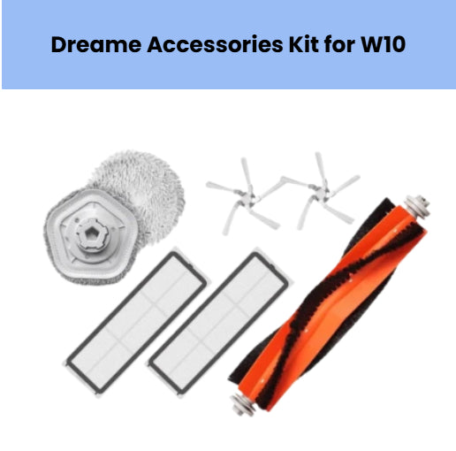 Dreame accessories kit for W10 robot vacuum including 1 orange and black anti-tangle main brush, 1 white circular mopping pad, 2 rectangular HEPA filters, and 2 white dual-arm side brushes for efficient cleaning on hard floors and carpets.