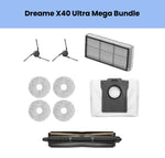 Dreame X40 Ultra Mega Bundle accessories kit including 1 black dual-roller main brush with gold accents, 4 round grey microfiber mopping pads, 2 black side brushes, 1 rectangular HEPA filter, and 1 white dust bag with black clip-on base for efficient robot vacuum cleaning.