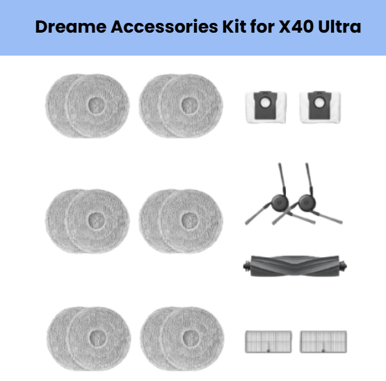 Dreame X40 Ultra accessory kit including 6 round grey microfiber mopping cloths, 2 side brushes, 1 black anti-tangle main brush, 2 HEPA filters, and 2 dust bin filters for optimal cleaning performance and maintenance.