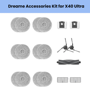 Dreame X40 Ultra accessory kit including 6 round grey microfiber mopping cloths, 2 side brushes, 1 black anti-tangle main brush, 2 HEPA filters, and 2 dust bin filters for optimal cleaning performance and maintenance.