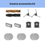 Dreame accessories kit for X50 Ultra, L40s Ultra, and L40s Pro Ultra including 2 main brushes (1 orange, 1 black), 2 side brushes, 2 HEPA filters, 2 dust bin filters, and 6 round grey microfiber mopping cloths for optimal cleaning performance.