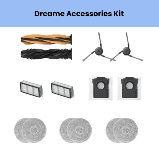 Dreame accessories kit for X50 Ultra, L40s Ultra, and L40s Pro Ultra including 2 main brushes (1 orange, 1 black), 2 side brushes, 2 HEPA filters, 2 dust bin filters, and 6 round grey microfiber mopping cloths for optimal cleaning performance.