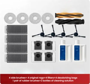 Set of cleaning supplies including side brushes, original rags, filters, deodorizing bags, and rubber brushes on a white background.