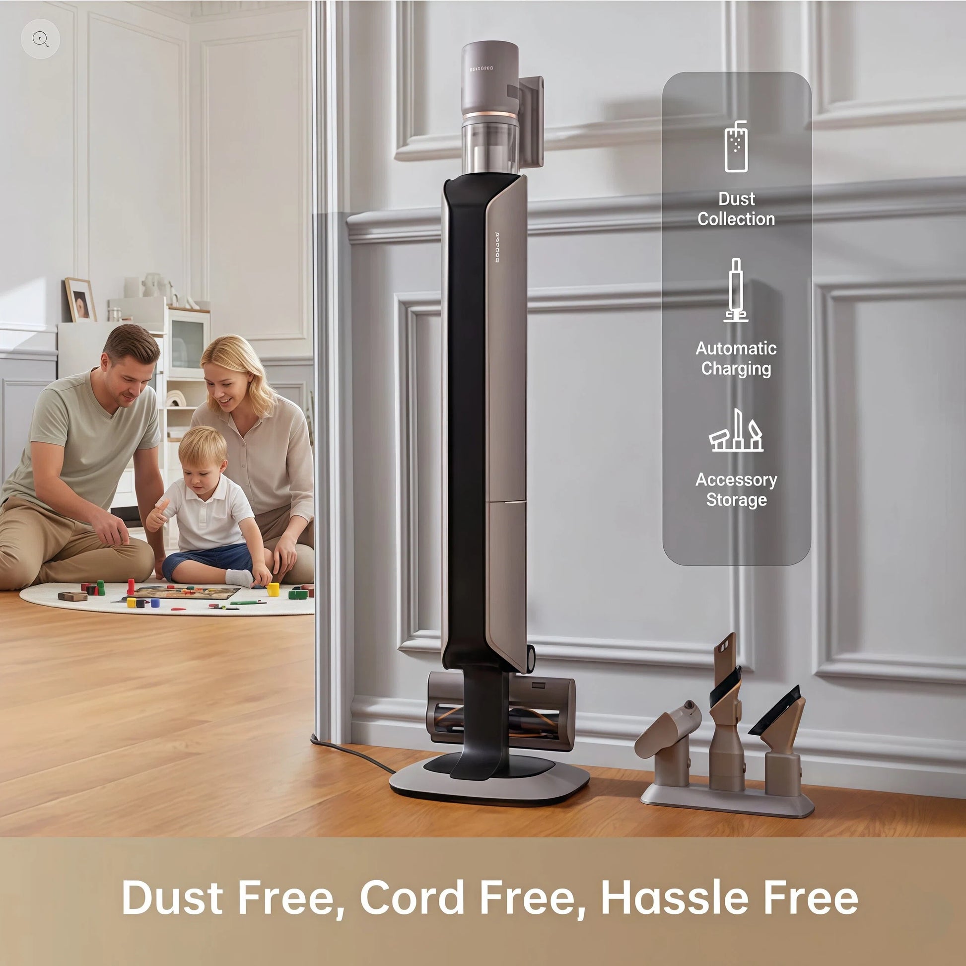 The Dreame Z10 Station is shown in its elegant all-in-one station in a home entryway, while a family plays in the background. Icons highlight the station's functions: Automatic Dust Collection, Automatic Charging, and Accessory Storage.