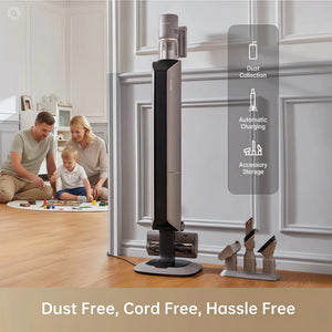 The Dreame Z10 Station is shown in its elegant all-in-one station in a home entryway, while a family plays in the background. Icons highlight the station's functions: Automatic Dust Collection, Automatic Charging, and Accessory Storage.