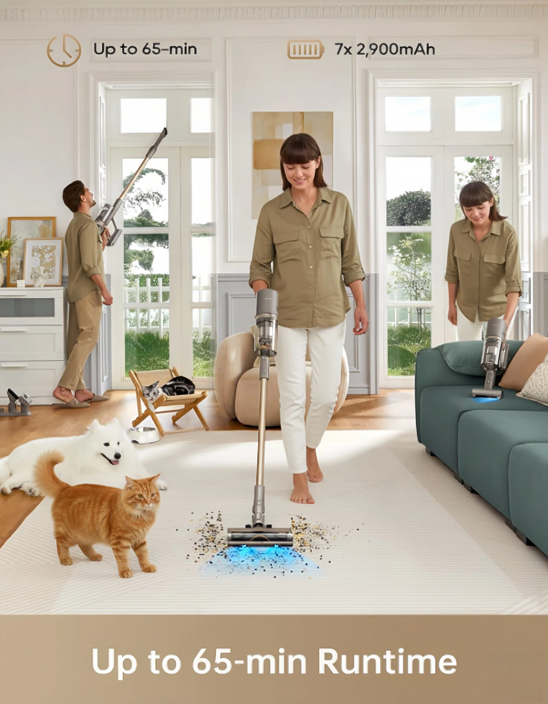 A lifestyle image demonstrating the Dreame Z10 Station's long 65-minute runtime, perfect for whole-house cleaning. A woman is vacuuming a large rug with a cat and dog nearby, while other scenes in the room show the vacuum's versatility from floor to ceiling.