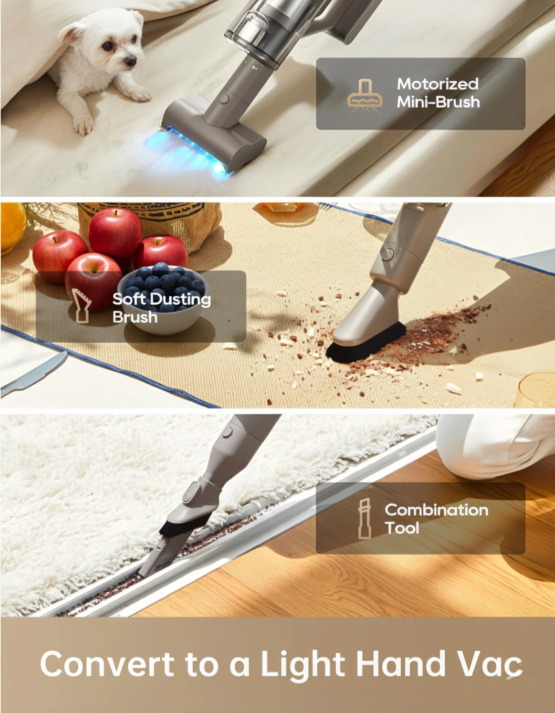 A collage showcasing the Dreame Z10 Station's conversion to a light hand vac. It features the Motorized Mini-Brush for beds and upholstery, the Soft Dusting Brush for delicate surfaces, and the Combination Tool for cleaning tight corners and edges.