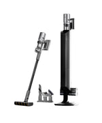 A clean, studio product shot of the Dreame Z10 Station cordless stick vacuum, its all-in-one self-emptying charging station, and the separate accessory storage holder on a white background