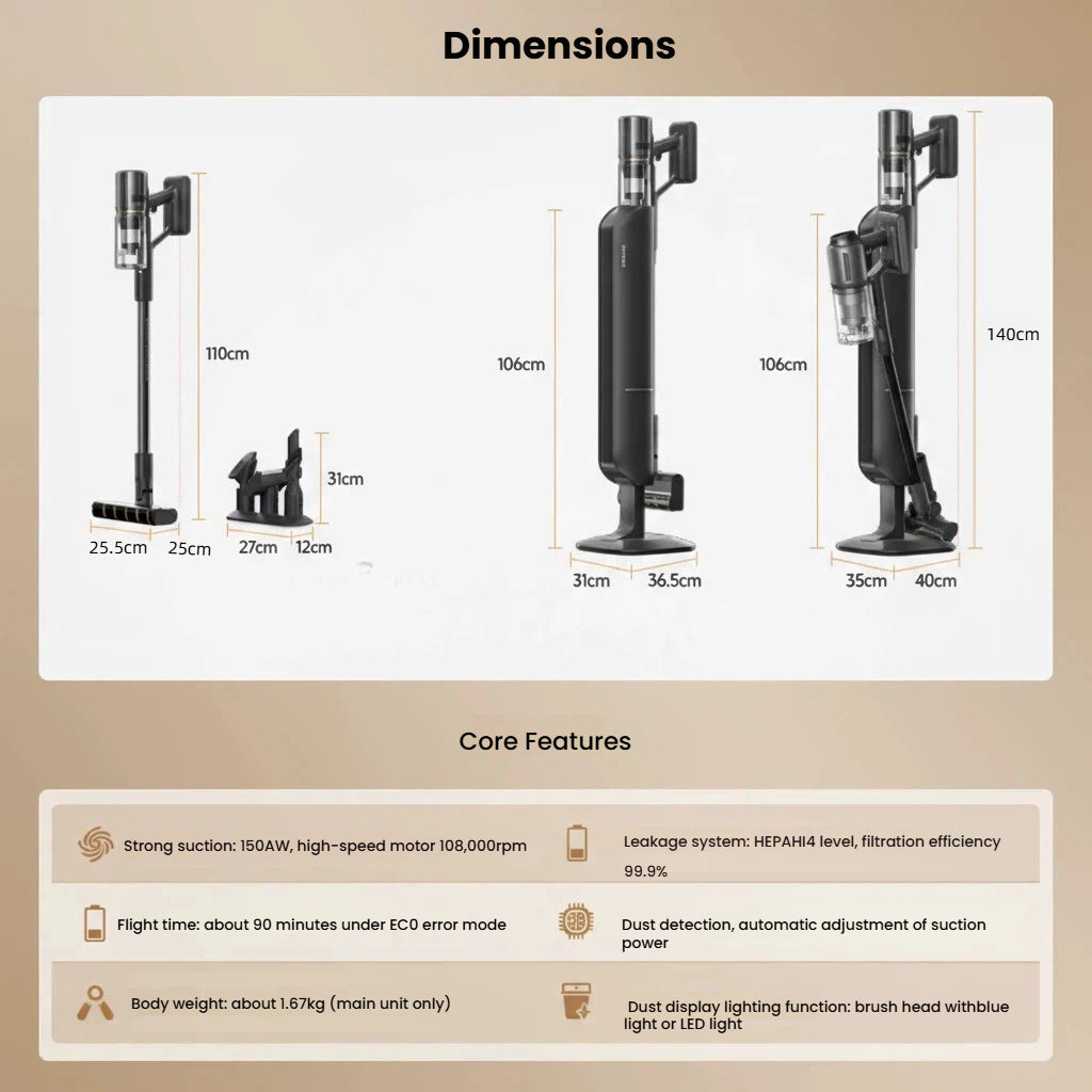 A detailed diagram showing the dimensions of the Dreame Z10 Station vacuum and its self-empty station. It also lists core features such as 150AW strong suction, a 108,000rpm motor, lightweight 1.67kg main body, and HEPA filtration system.