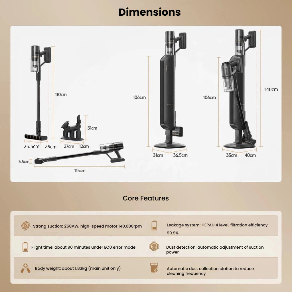 A technical specification sheet for the Dreame Z20 Station. It provides detailed dimensions for the vacuum in various configurations and lists core features like 250AW strong suction, a 140,000rpm motor, 90-minute runtime, and a lightweight 1.83kg main body