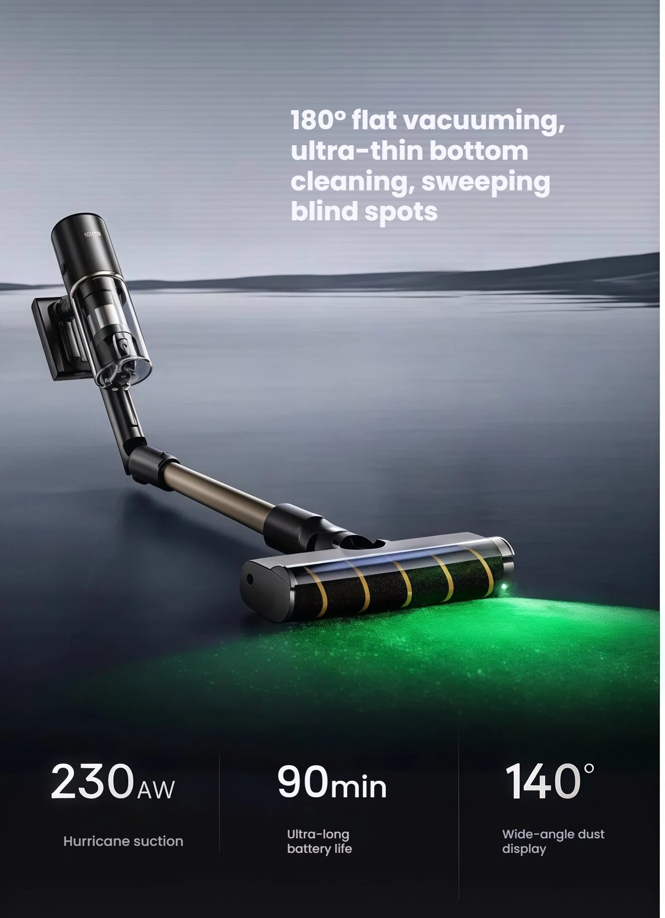 The Dreame Z20 Station vacuum is shown laying 180 degrees flat to clean under low furniture, with its green light illuminating the floor. Key features are highlighted below: 230AW hurricane suction, 90-minute ultra-long battery life, and a 140-degree wide-angle dust display.