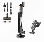 An overview of the Dreame Z20 Station system. It features a cutaway view of the self-emptying and charging station, the main handheld vacuum unit, and a display of all included brush heads and cleaning accessories.
