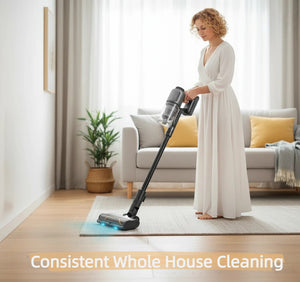 A lifestyle image of a woman effortlessly cleaning a rug in a bright, modern living room with the Dreame Z20 Station cordless vacuum. The image highlights the vacuum's blue light feature and its suitability for whole-house cleaning