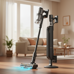 A sleek black Dreame Z30 Station cordless vacuum cleaner standing on a wooden floor next to its auto-empty charging station. The living room is visible in the background, showcasing the vacuum in a home environment.