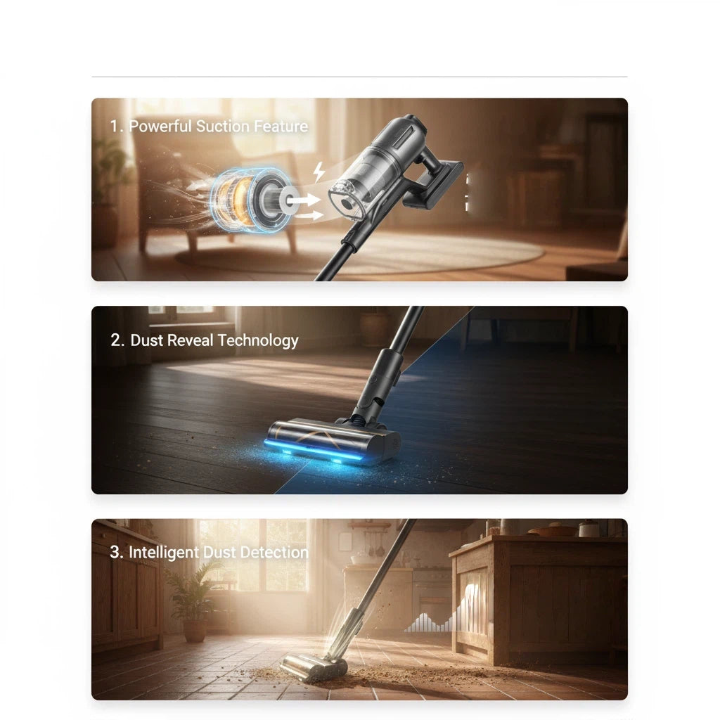 Three panels illustrating the advanced technologies of the Dreame Z30 Station: 1. A diagram of the powerful suction motor. 2. Dust Reveal Technology using a blue light to show hidden dust on floors. 3. Intelligent Dust Detection that automatically adjusts suction power.