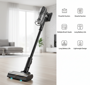 A close-up shot of the Dreame Z30 Station cordless vacuum's main unit, highlighting its sleek design. To the right, icons represent its key features: Powerful Suction, Multiple Brush Heads, Long Battery Life, and Lightweight Design.