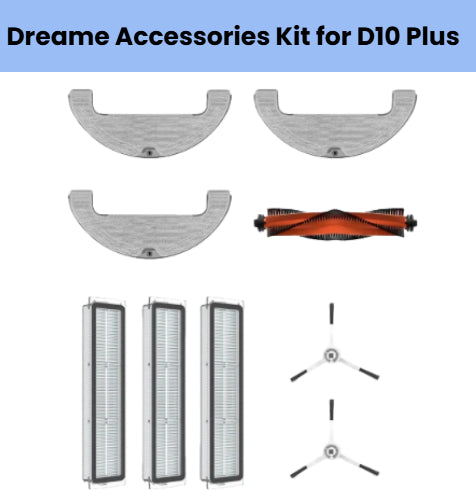 Dreame accessories kit for D10 Plus robot vacuum featuring 3 grey U-shaped mopping cloths, 1 red and black anti-tangle main brush, 3 HEPA filters with white pleated media, and 2 dual-arm side brushes for efficient edge and corner cleaning.