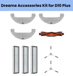 Dreame accessories kit for D10 Plus robot vacuum featuring 3 grey U-shaped mopping cloths, 1 red and black anti-tangle main brush, 3 HEPA filters with white pleated media, and 2 dual-arm side brushes for efficient edge and corner cleaning.