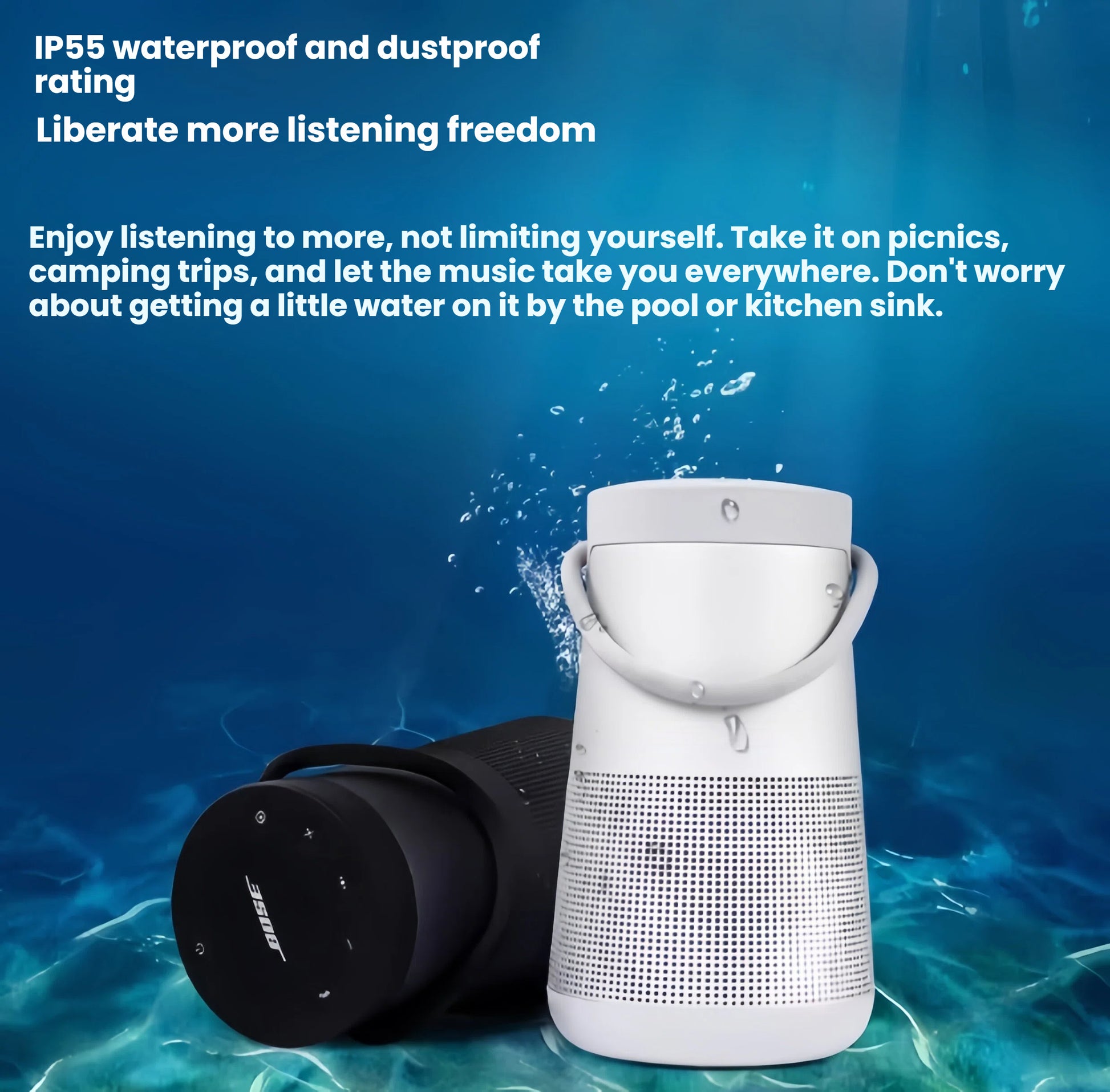 The Bose SoundLink Revolve+ II speakers shown in a water-themed environment to highlight their IP55 waterproof and dustproof rating, making them perfect for picnics, camping, and poolside use.